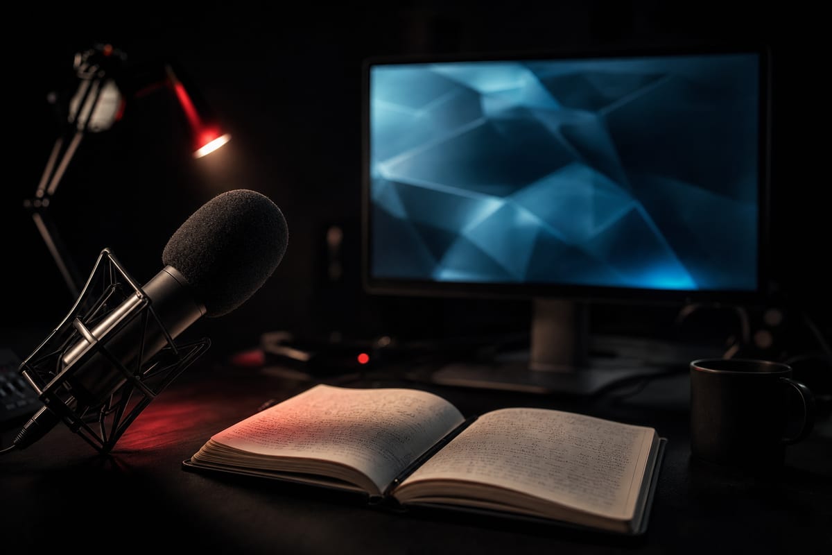 A newsroom desk at night: an open notebook, a microphone and a monitor glowing with abstract shapes