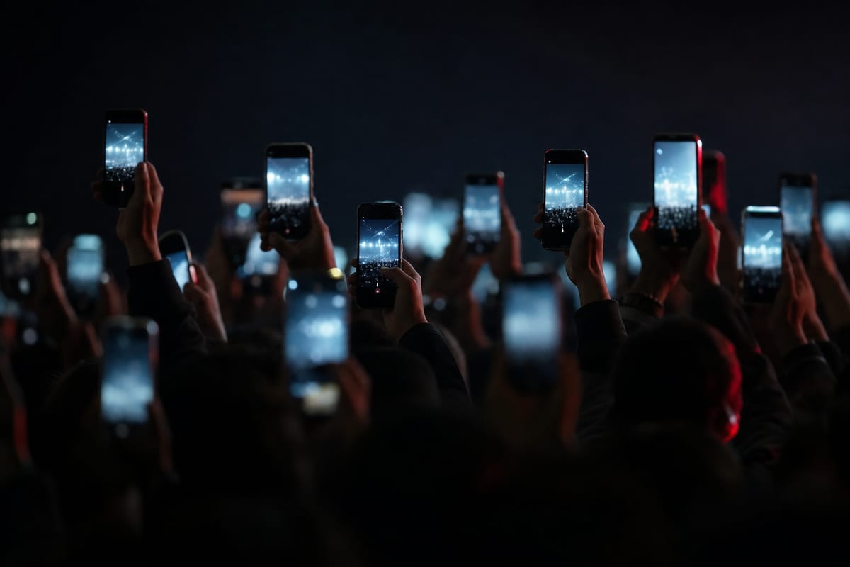 A crowd of raised phones photographing something out of frame at night, seen from behind