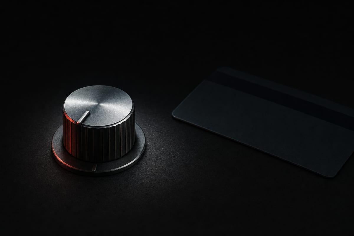A metal limiter dial turned down toward its stop on a dark desk, a plain card lying face-down beyond the light