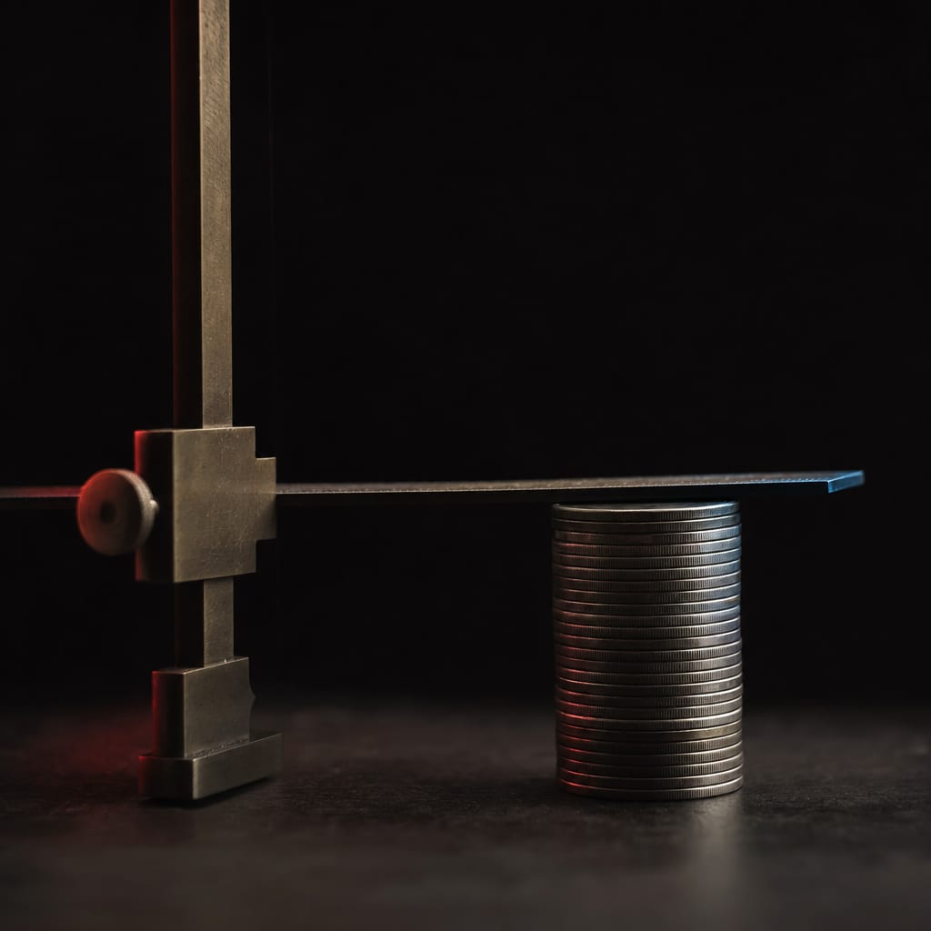 A measuring gauge and a stack of coins on a dark desk, a ruler laid across the stack