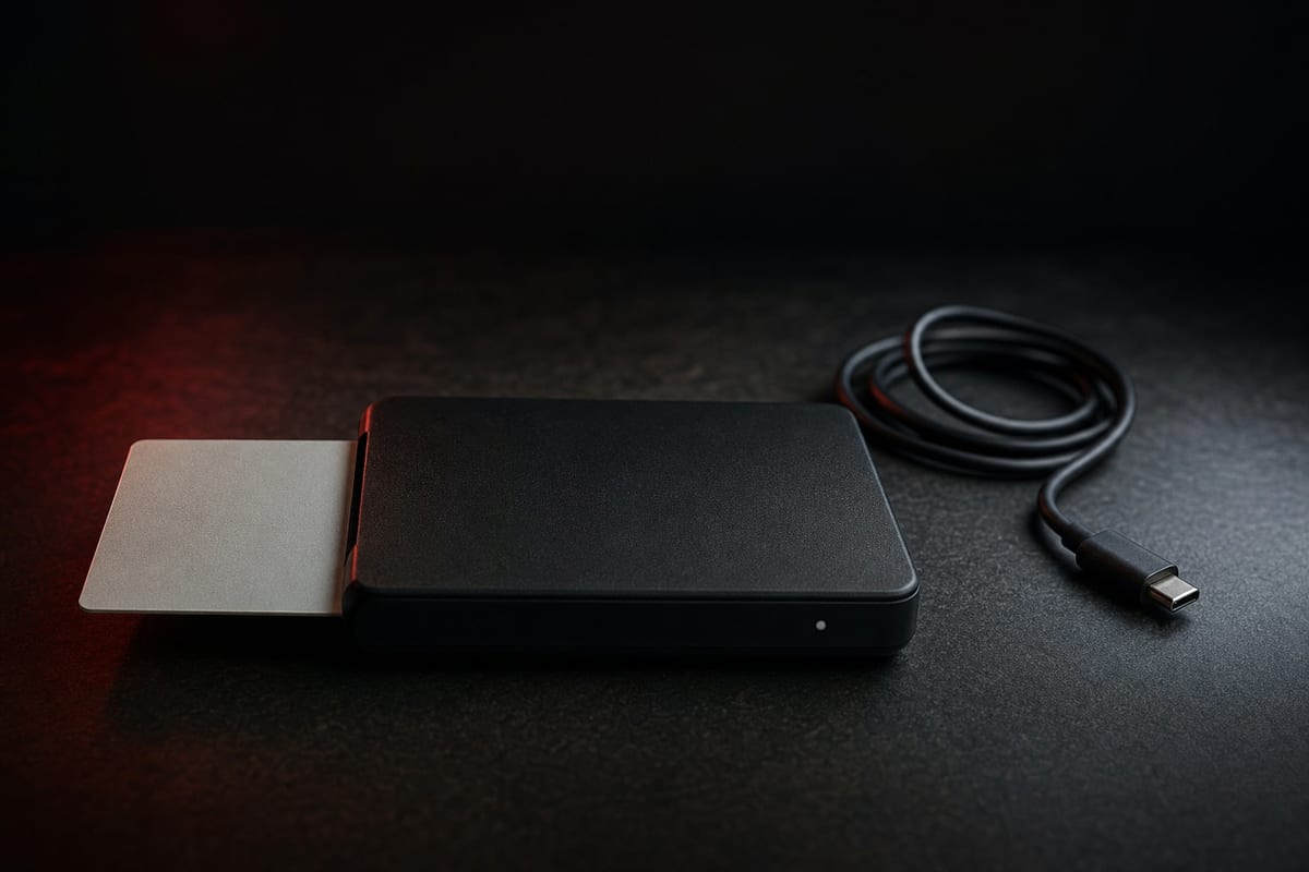 A plain unbranded bank card left half-inserted in a dark card reader on a desk, its cable unplugged and coiled beside it