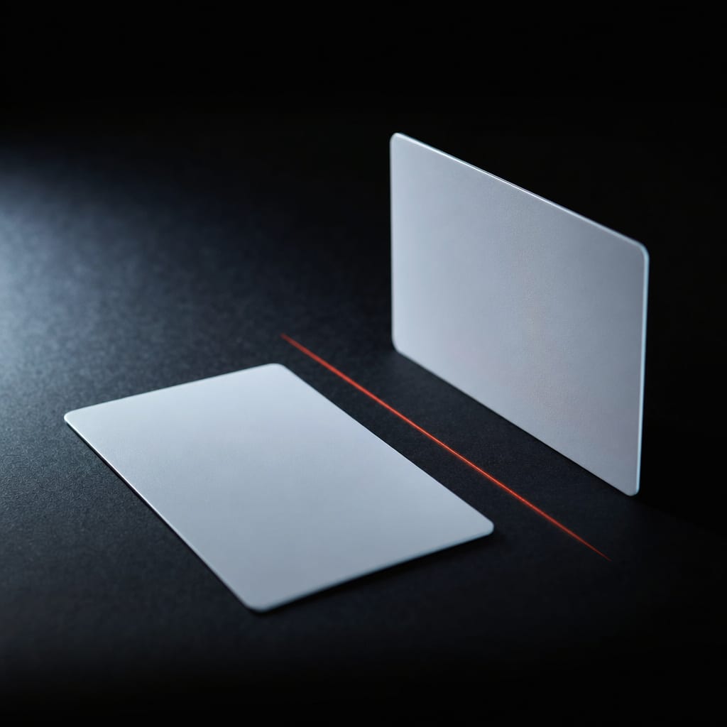 Two identical unbranded cards side by side on a dark surface, one flat and one on edge