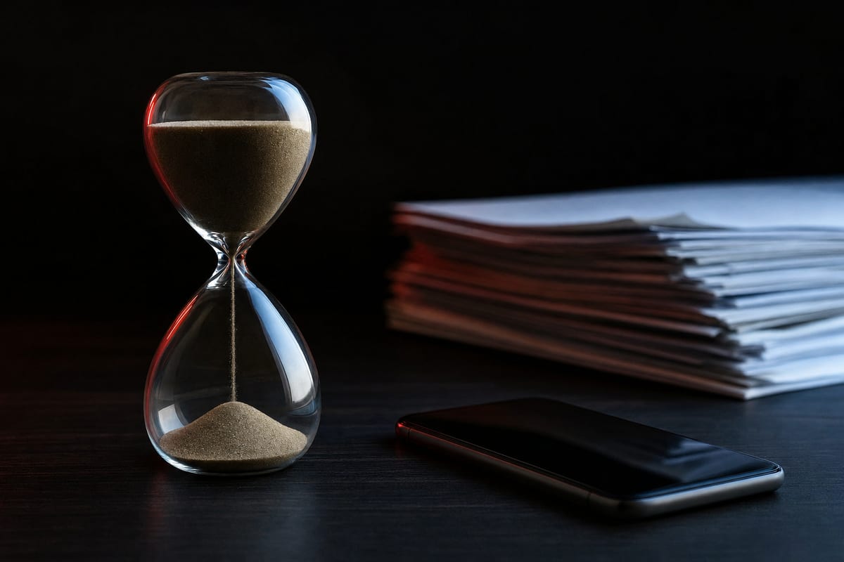 An hourglass beside a phone on a dark desk, most of the sand still to fall