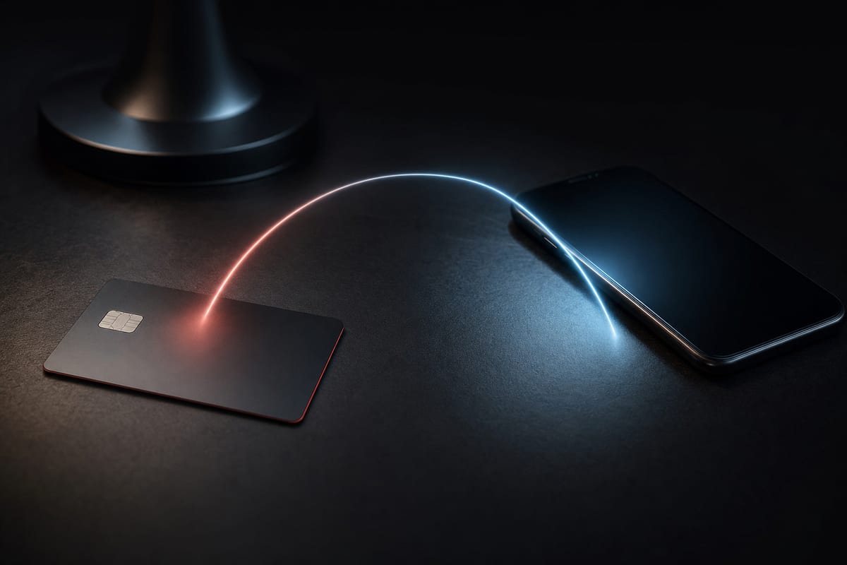 A dark bank card and a phone on a desk, joined by a thin arc of light — a transfer moving directly between two accounts