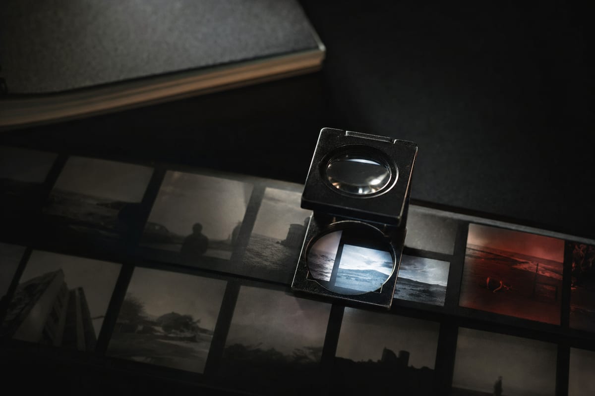 A photographer's loupe resting on a strip of contact sheets, one frame lit brighter than the rest