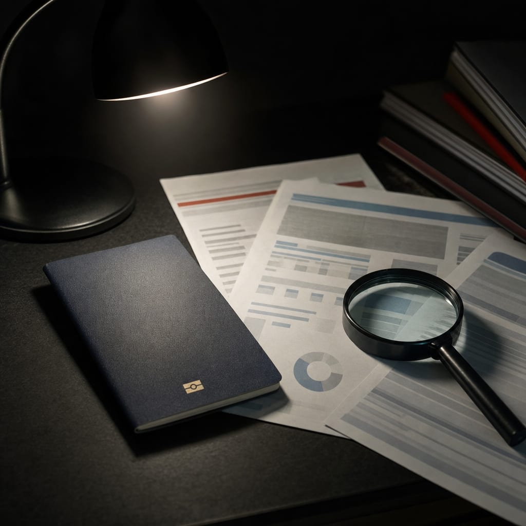 A passport and printed statements fanned out under a desk lamp with a magnifier resting on them