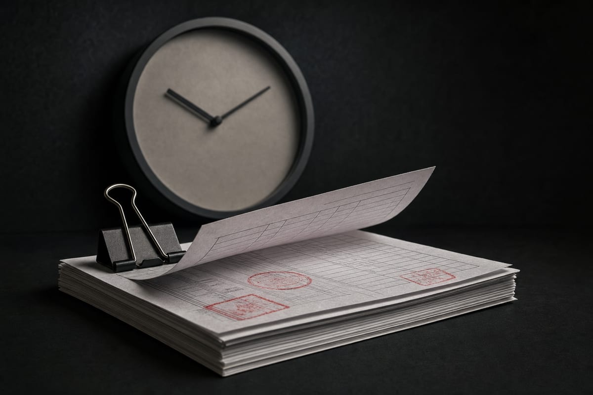 A stack of stamped forms held by a bulldog clip on a dark desk, a plain wall clock out of focus behind them