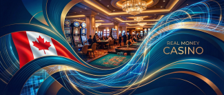 An image showcasing casinos with real money within the background and the Canadian flag on the side